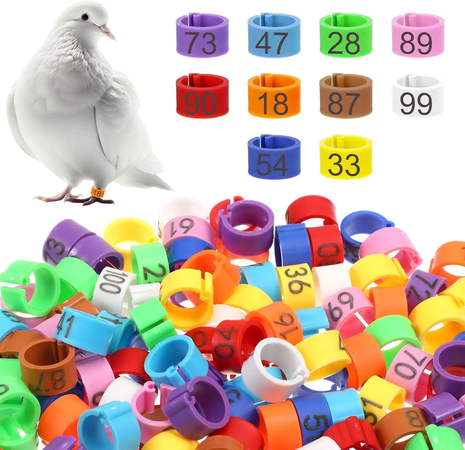 Reusable Bright Poultry Leg Bands Set - 100 Pcs 8mm Easy-to-Use Clip-On Numbered Identification Rings (0-100) for Pigeons, Chickens, Small Birds, Quails