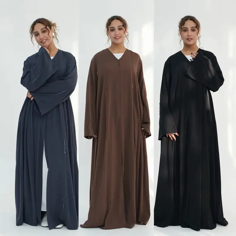 Women's Handmade Dubai Embroidered open Abaya - Long Sleeve, Floral Embroidery with Rhinestones, Beadwork, Elegant Modest Luxury Hijabi Fashion for Holiday, Casual, Premium Islamic Wedding Wear, Loose Fit, Embroidered Abaya Style, All Seasons
