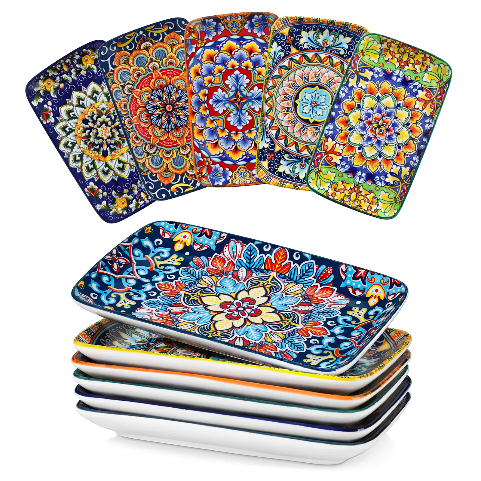 vancasso Simi Serving Platters & Plates Set – 6 Piece Dinner Plates or 3 Piece Rectangular Trays, Bohemian Ceramic Dish Set for Entertaining, Microwave & Dishwasher Safe Porcelain Dinnerware