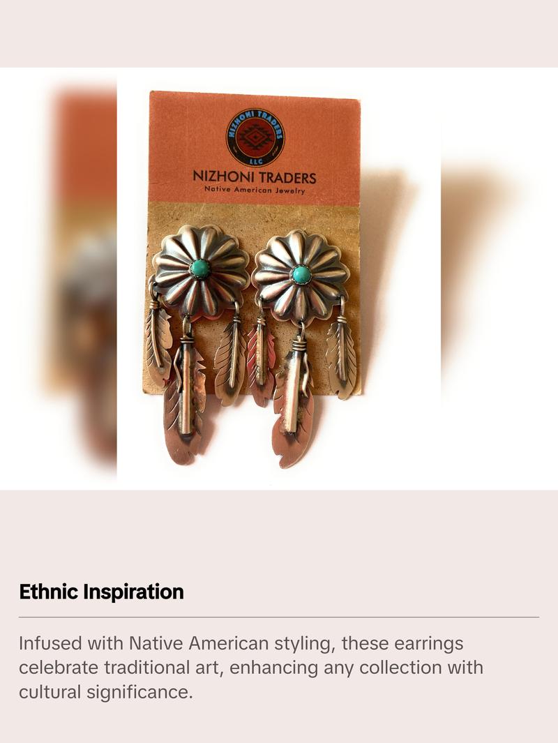 Navajo Sterling Silver & Turquoise Concho Feather Dangle Earrings