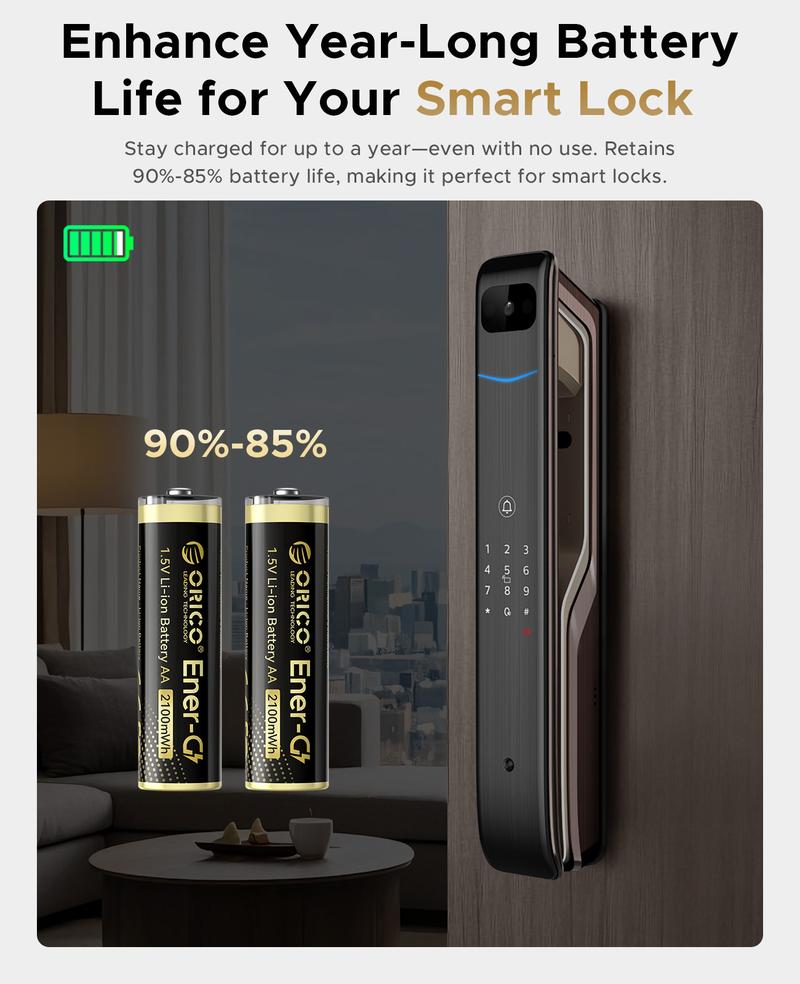 ORICO Ener-G Lithium ion Battery Rechargeable AA Lithium Battery 1.5V 2100mWh USB-C Charging 2H Fast Charging Over 1500 Cycles for Camera Controller Clock Flashlight Toys EG5C