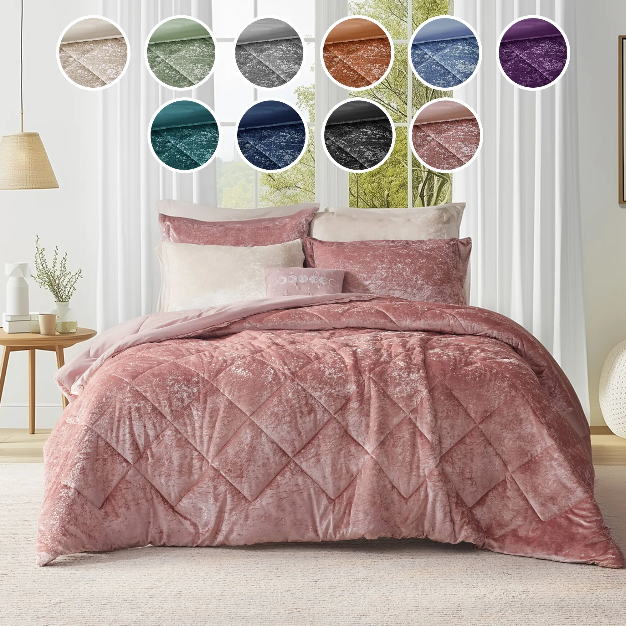 Elowen Luxury 4-Pieces Covers Bed and Pillows Bed Set - Queen Size, Double-Sided Crushed Velvet Synthetic Polyester Fabric, Diamond Quilting, Hypoallergenic Fill, Machinewash Easy, Glam Look for Modern Rooms