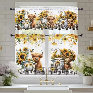 [Sunflower Sheer Curtains] 2pcs Sheer Curtains and 1pc Valance Garden Sunflower and Highland Cow Gnome Print Rod Pocket Sheer Drapes for Bedroom, Office, Kitchen, Living Room, Study, and Home Decor