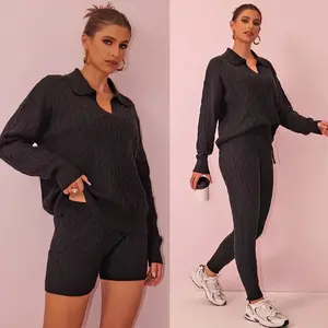 Joyfunear Women's Knitted Three Piece Set with Collar Sweater and High Waist Shorts&High Waist Pants