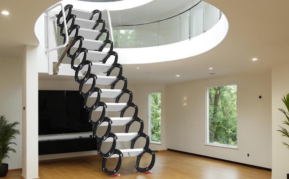 10FT Pull Down Attic Stairs, 12 Step Aluminum-Magnesium Alloy Loft Wall Mounted Stairs, Telescopic Fold Ladder for 27.5 x 23.6 Inch, Up to 880 lbs (Black+White)