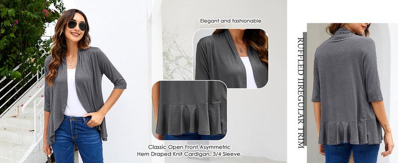 ZEAGOO Women's Open Front Cardigan 3/4 Sleeve Draped Ruffles Soft Knit Sweaters S-3XL ZEAGOO Women's Open Front Cardigan 3/4 Sleeve Draped Ruffles Soft Knit Sweaters S-3XL