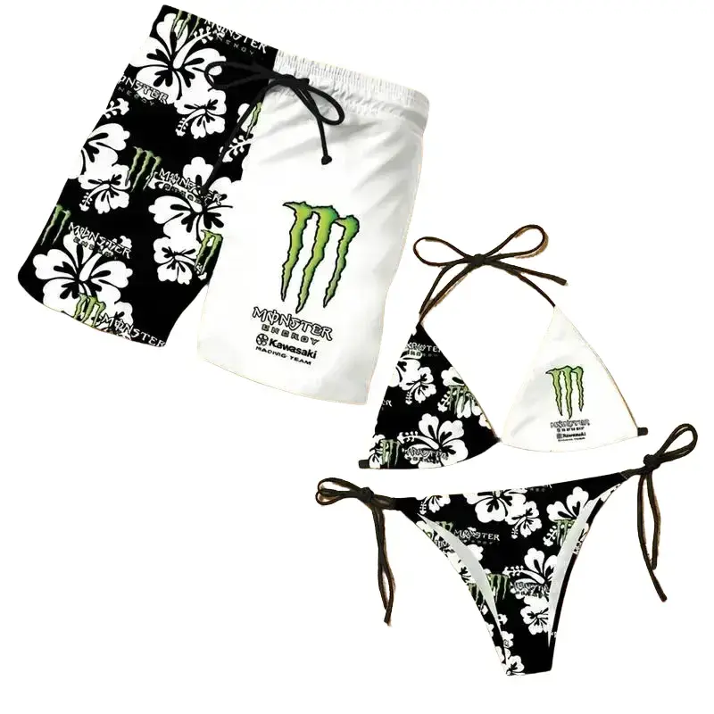His & Hers Black Monster Swimwear Set, Women's String Bikini & Men's Lightweight Swim Trunks, Resort Beach Outfit
