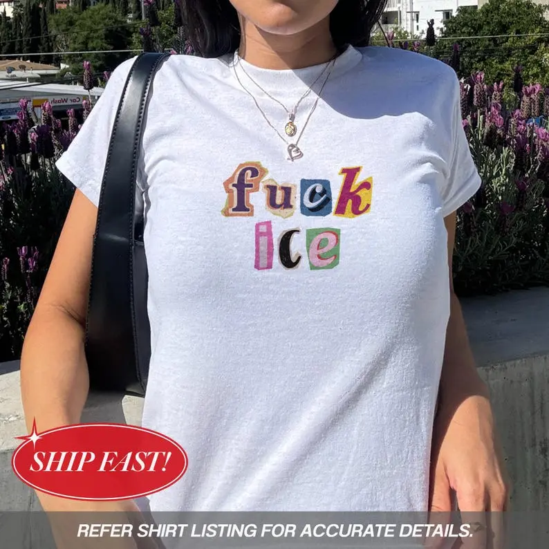 [Sale Up To 40%] Anti Ice Magazine Letter Baby Tee, Fuck ICE Y2K Baby Tee, Protect Immigrants Tee, No Human Is Illegal Top, Activist Graphic Baby Tee, FDT