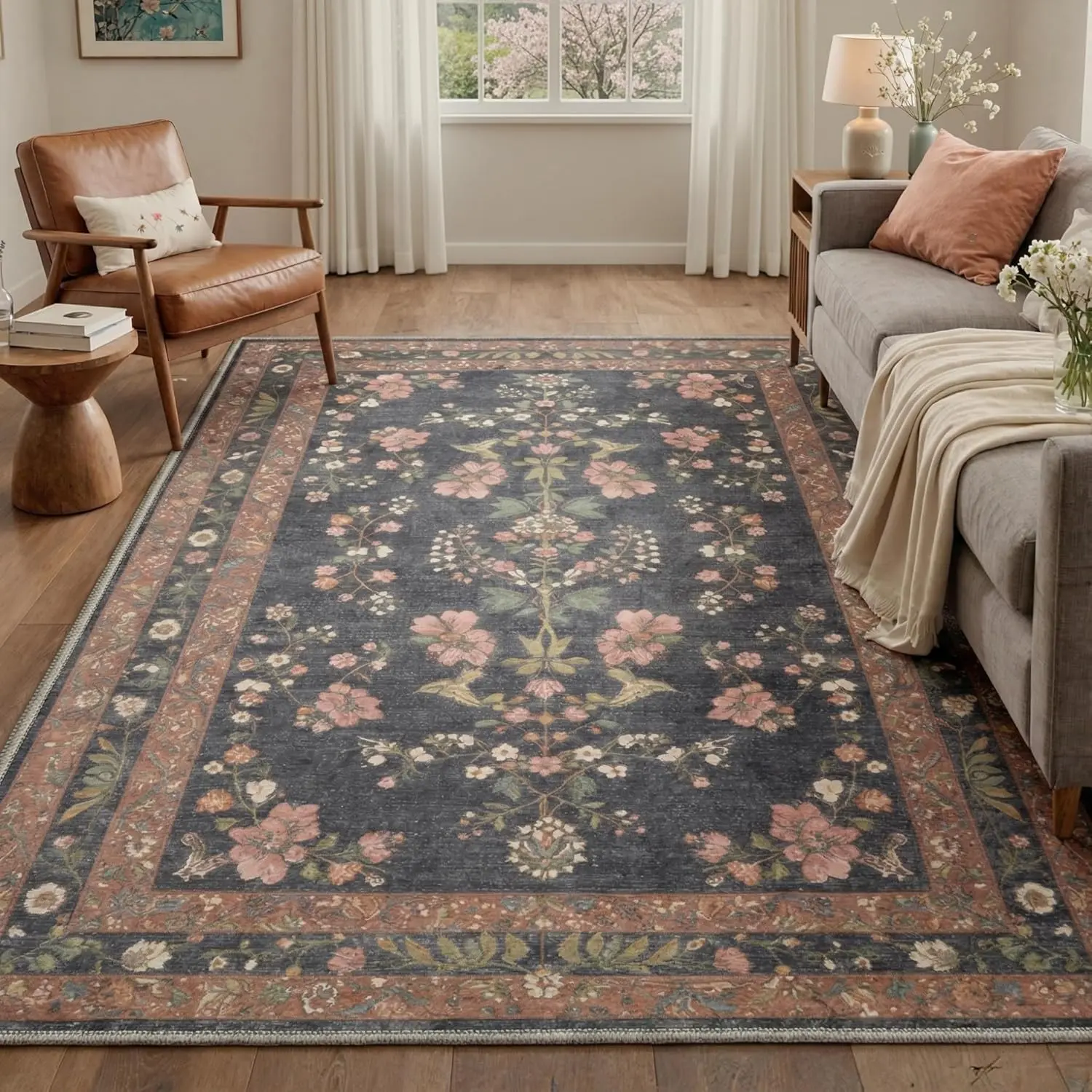 5x7 Area Rugs for Living Room, Machine Washable Non Slip Vintage Rugs, Low Pile Lightweight Chenille Print Rug for Bedroom, Dining Room, Home Office, Dusty Charcoal