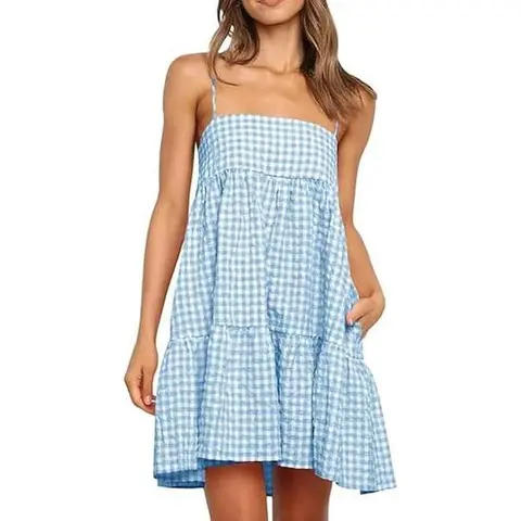 Wenrine Cute Preppy Elegant Woven Cotton Plaid Sundress - Adjustable Spaghetti Straps, Sleeveless A-Line Above-Knee Mini Dress with Side Pockets, Resort Wear for Women, Elegant Dresses for Women - Do Not Dry Clean