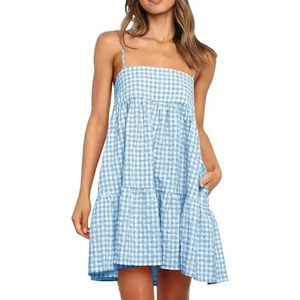 Wenrine Cute Preppy Elegant Woven Cotton Plaid Sundress - Adjustable Spaghetti Straps, Sleeveless A-Line Above-Knee Mini Dress with Side Pockets, Resort Wear for Women, Elegant Dresses for Women - Do Not Dry Clean,sohochic