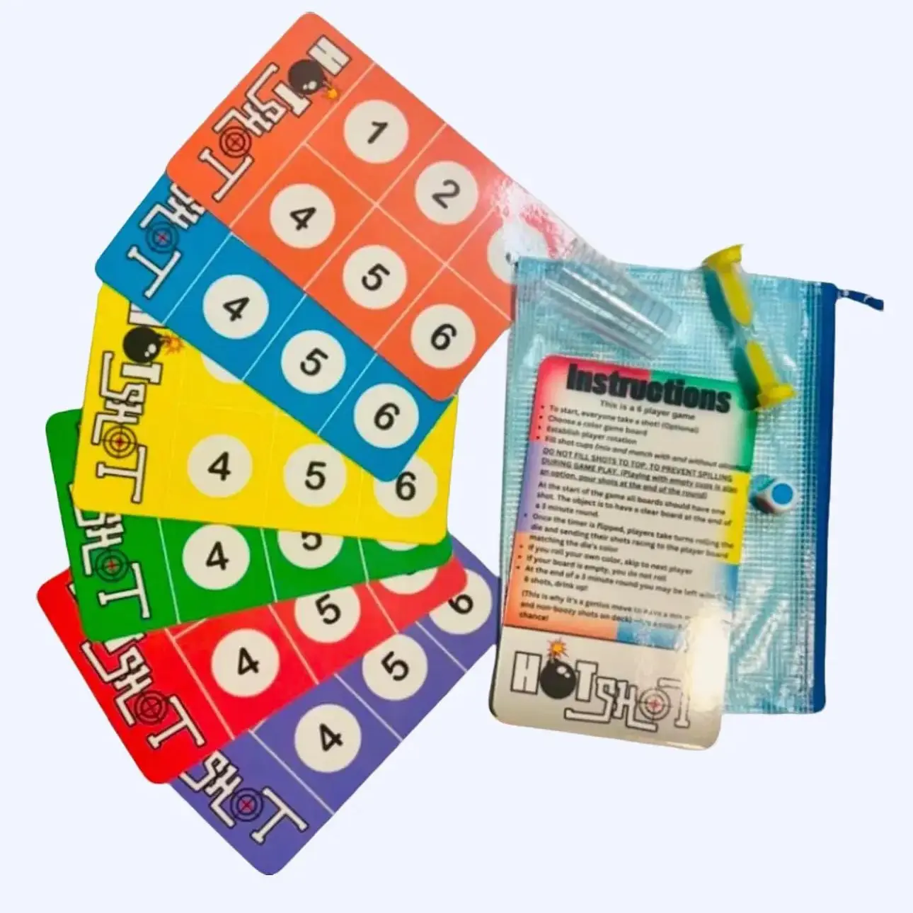 Hot Shot Drinking Game - Fun Game for 6 Players with 6 Sided Color Die, 3 Minute Sand Timer, Disposable Shot Cups & Waterproof Storage Bag