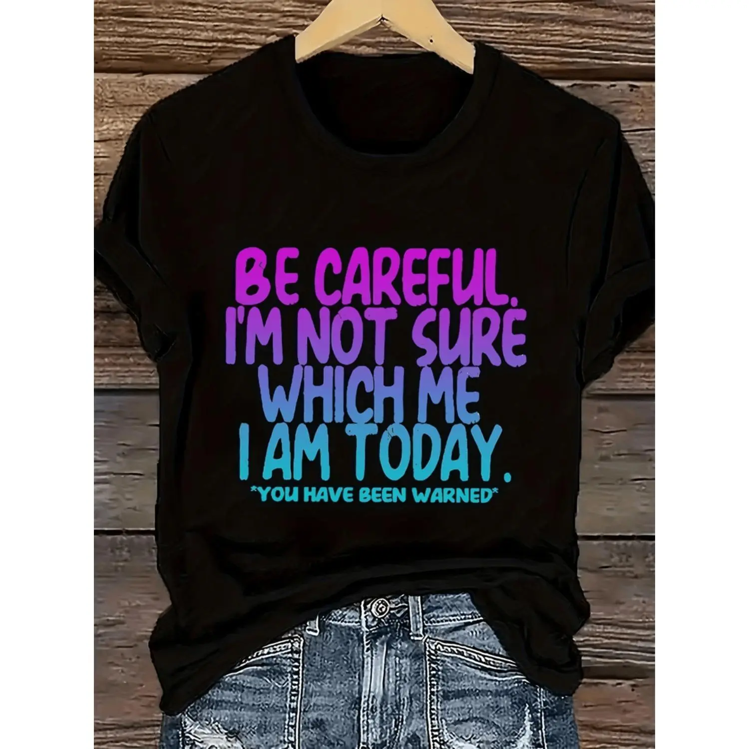 Women's Humorous "Be Careful Im Which I" Graphic T-Shirt, Colorful Letter Print, Loose Neck, Everyday Essential Lightweight Shortsleeve Fashion Summer Casual Top, Machine Washable (Sports & Outdoor Clothing), Breathable