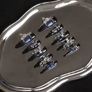 Gothic Blue Ombre Press On Nails - Long Stiletto Cross & Moon