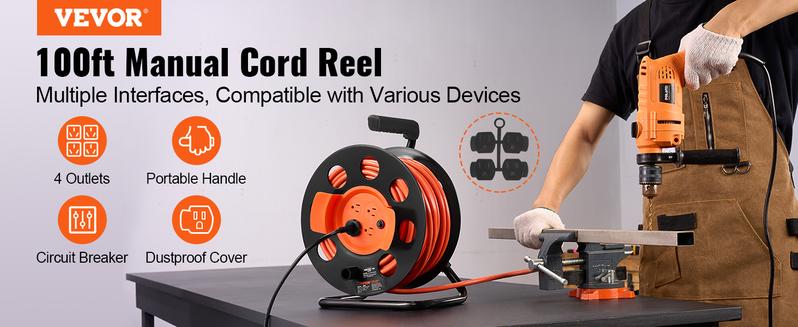VEVOR Extension Cord Reel,  100FT, with 4 Outlets and Dust Cover, Heavy Duty 12/14 AWG SJTOW Power Cord, Manual Cord Reel with Portable Handle Circuit Breaker, for Toolshed Garage, Tested to UL Standards