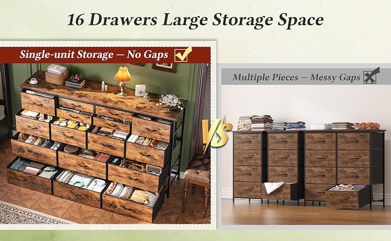 RaybeeFurniture Long Dresser for Bedroom with 16 Fabric Drawers, Modern Dresser with Charging Station, TV Stand for 60" TV Dressers & Chest of Drawers for Bedroom, Living Room, Closet