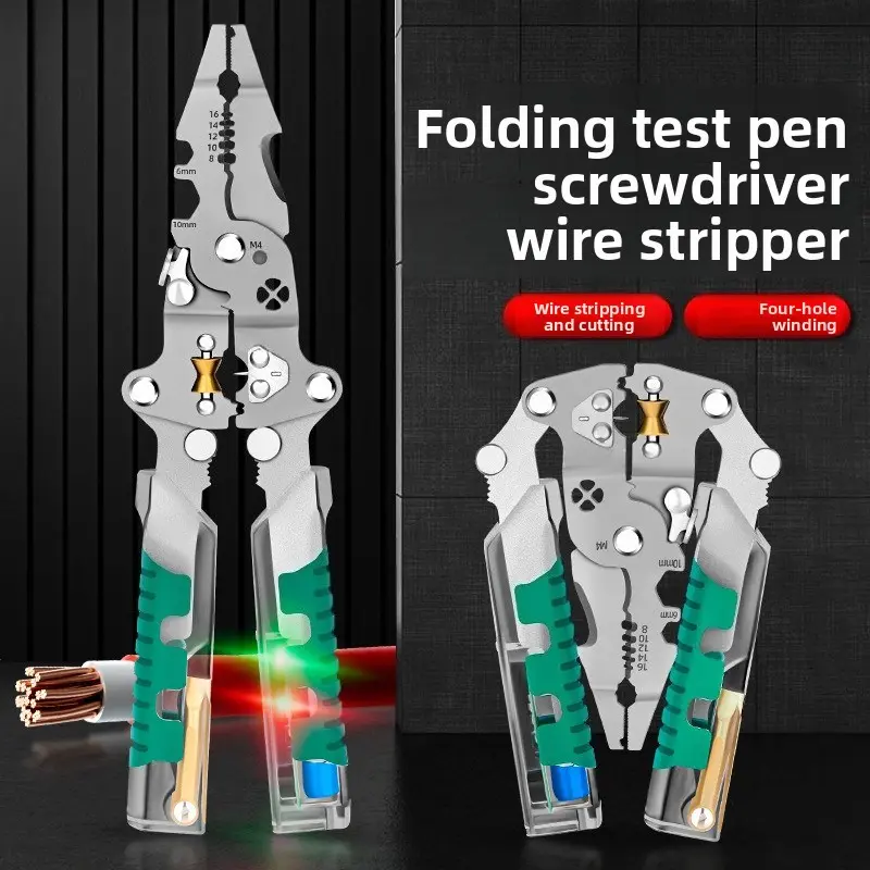 Multi-Functional Electrician's Specialty Hand Tools Kit - Compact 3Cr13 Stainless Steel Pliers with Built-In Voltage Tester (12V to 250V), Wire Strippers, Branch Wire Winding & Crimping Tools for Automotive Circuits, Diy Enthusiasts, Folding Tester, Ergon