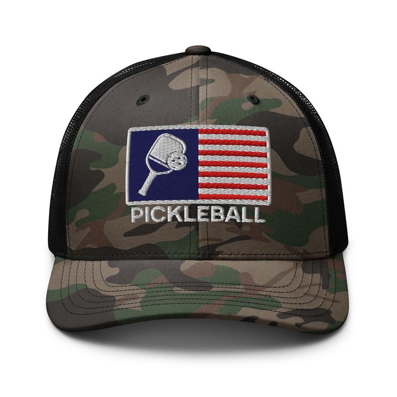 NX Camo US Flag Pickleball Player Embroidered Curved Bill Camouflage Trucker Hat Low Crown Adjustable Paddleball Lover Cap