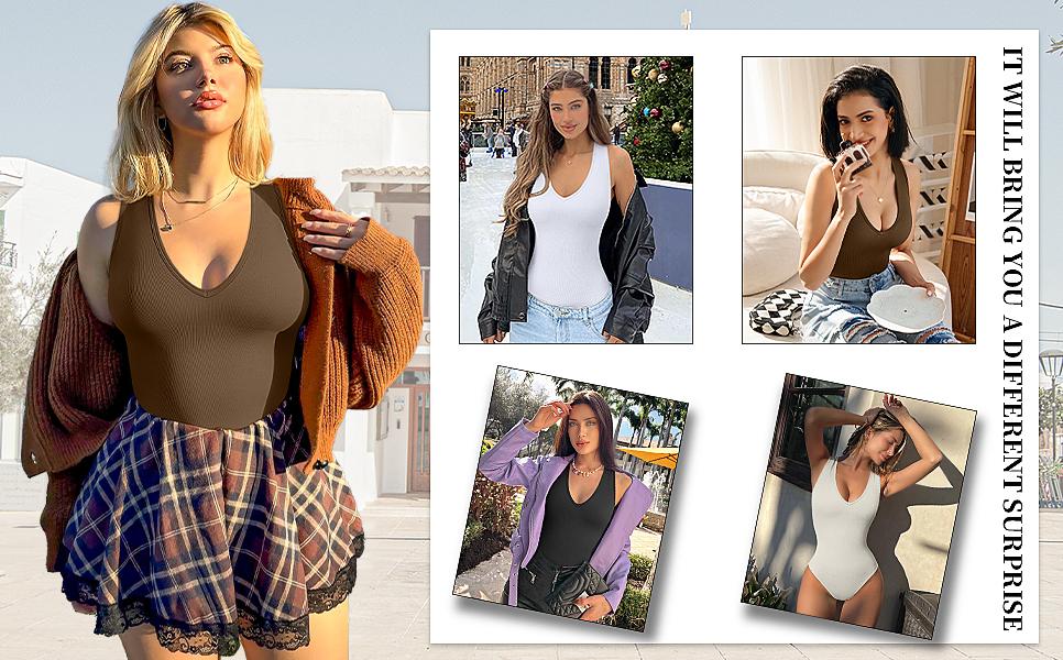 OYS Women's 2 Piece Sleeveless Deep V Neck Ribbed Leotard One Piece Bodysuit Tops