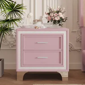 Mid Century Vintage Nightstand with Silver Glitter Strip Decor and Metal Legs, Velvet Bedside Table with 2 Drawers, Fully Assembled Except Legs and Handles, Pink