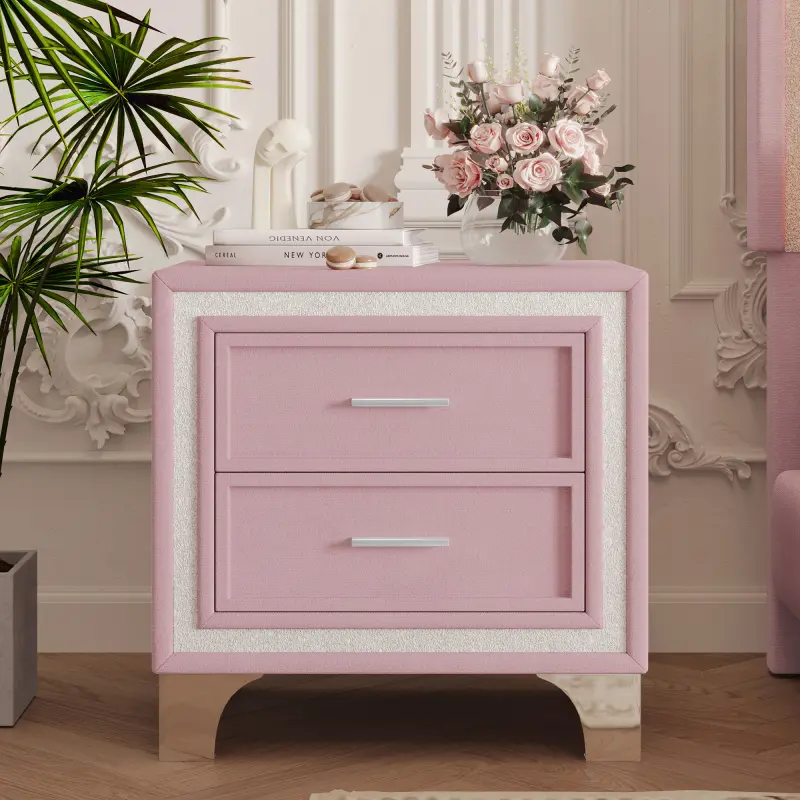 Velvet Mid-Century Rustic Blush Pink Rectangular Side Table - Single Unit, 21.8"l x 15.9"d x 21.7"h, Silver Glitter Strip Decor, Metal Legs, 2 Drawers, Durable Storage Nightstand, Bedroom Indoor Furniture, Calming Vibe, Partially Assembled