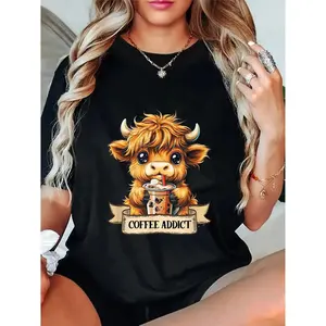 100 Percent Cotton Charming Highland Cow Coffee Lover Humorous Drink Coffee Girl T Shirt