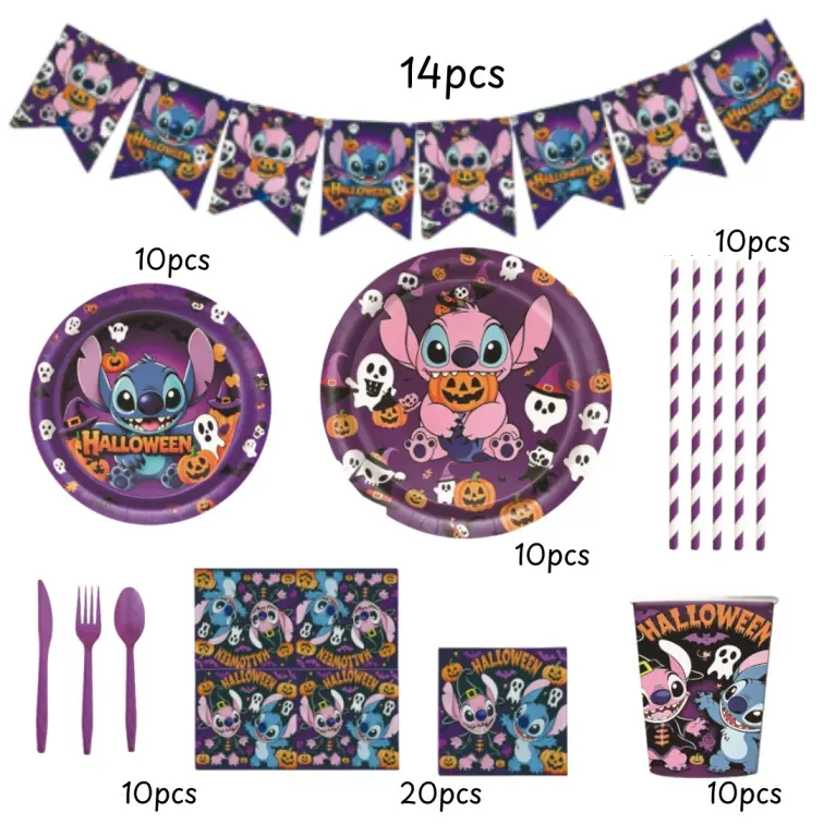 Disney Stitch Halloween Decorating Full Set - Party Supplies Kit with Tableware, Banner, Balloons for Kids' Favors, Birthday Decor