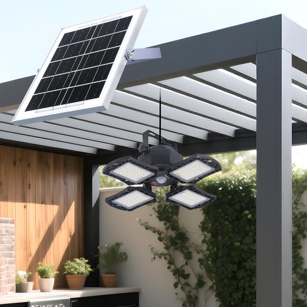 Solar Shed Light Outdoor Indoor Solar Powered Motion Sensor Pendant Light 5 Lighting Modes & Remote Control 4-Leaf 120°Adjustable Lights for Home Yard Garage