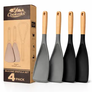 4-Pack Silicone Cooking Spoons - Black & Gray, BPA-Free, Wood Handle, Heat-Resistant