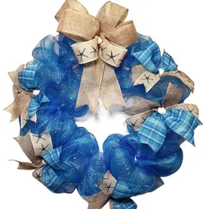 Coastal Beach Wreath, Nautical FrontbDoor Decor , Blue Summer Mesh Wreath