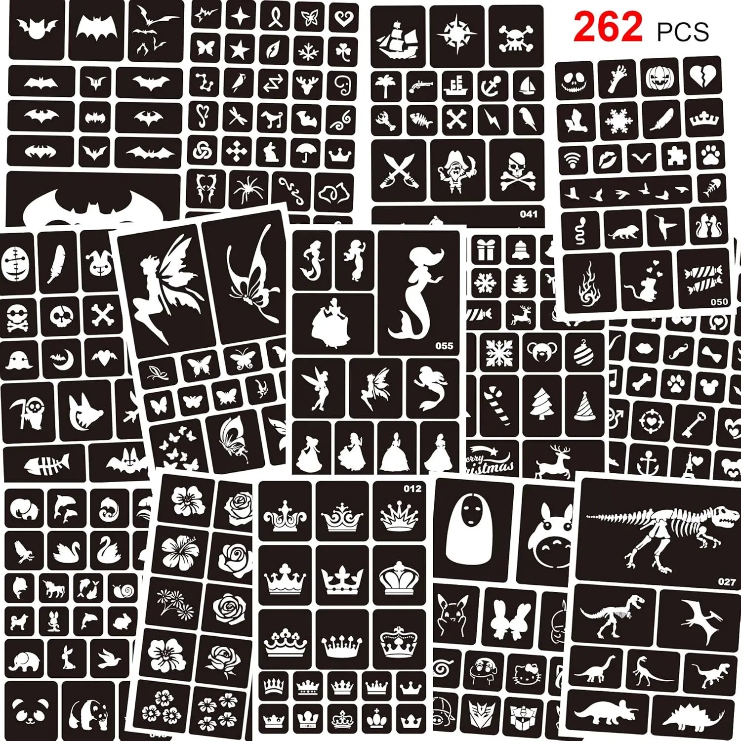 262pcs Temporary Tattoos Stencils for Kids, Face and Body Paint Stencils Kit, Girl Boy Glitter Tattoos Stencils for Kids School Show Birthdays