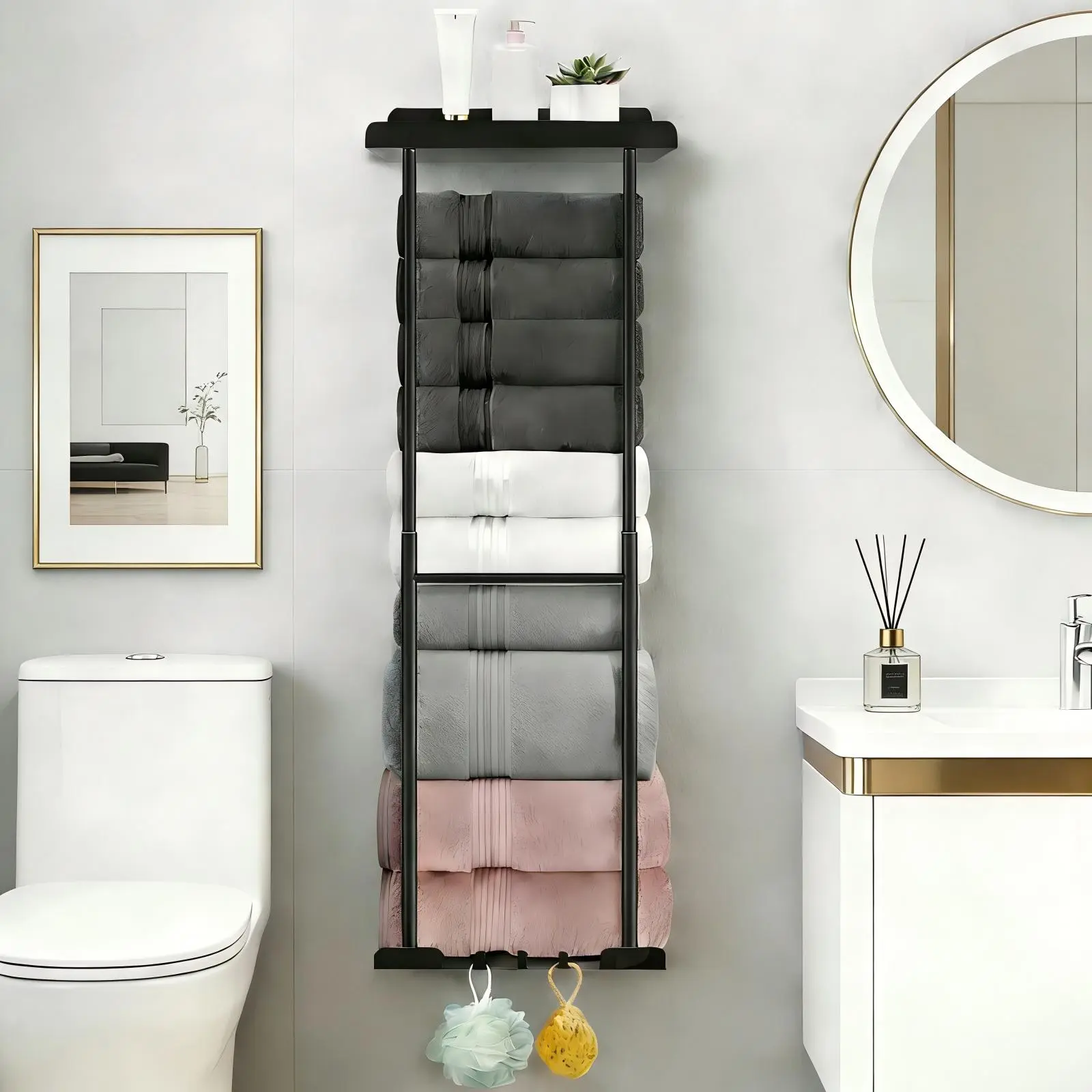 Towel Racks for Bathroom 30 Inch Wall Mounted - Holds 6 Large Rolled Towels, Sturdy Metal Towel Storage Organizer with Shelf & 3 Hooks, Black Towel Holder for Small Bathroom