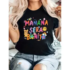 Comfortable 100 Cotton Manana Sera Benit Print T Shirt Casual Crew Neck Short Sleeve Top for Spring and Summer Womens Apparel