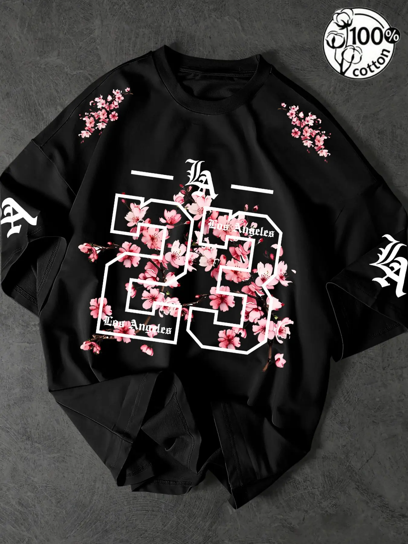 Unisex 100% Cotton Oversized Round Neck Aesthetic T-Shirt, Los Angeles 23 Gothic Cherry Blossom Print, Y2K Streetwear Top
