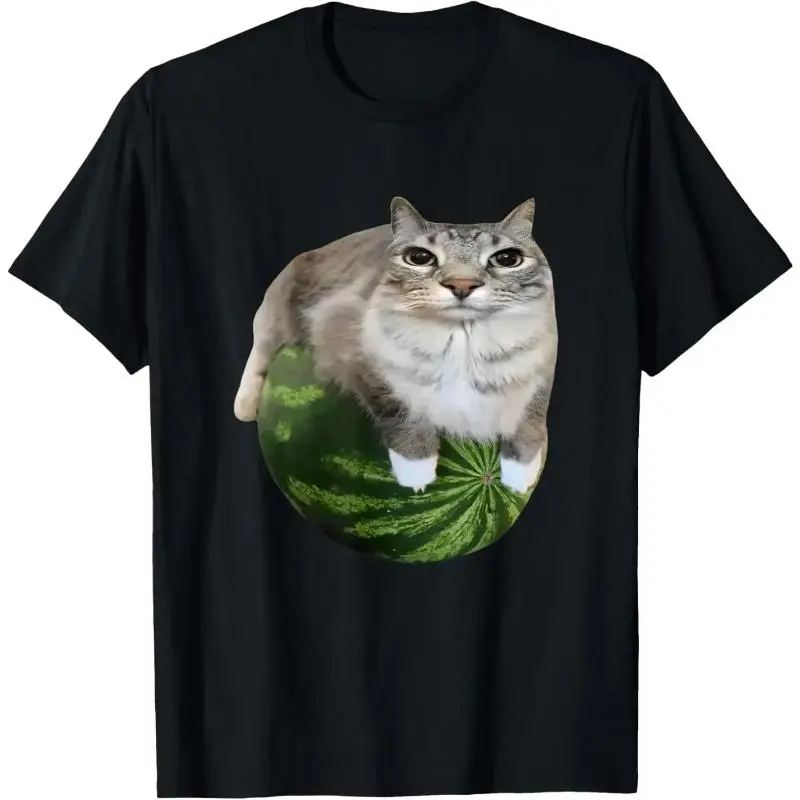 Women's 100% Cotton Short-Sleeve Graphic T-Shirt - Virals Silly Watermelon Cat Meme, Funny, Breathable, Casual, Unisex Menswear Top, Shortsleeve, Fabric, Relaxed Fit, Cartoon Print, Fade-Resistant, Round Neck, Basics