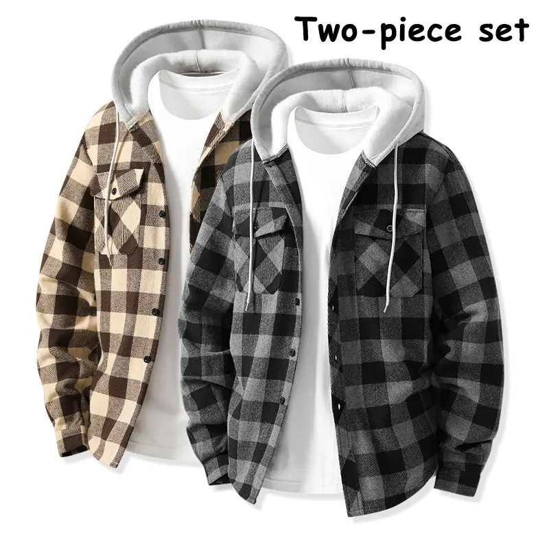 Men’s Fall/Winter 2-Pack Hooded Long-Sleeve Button-Down Shacket with Drawstring Hood — Soft, Loose, Casual, Over-the-Shoulder Shirt for Camping, Outdoors, and Streetwear, Oversized Check Pattern