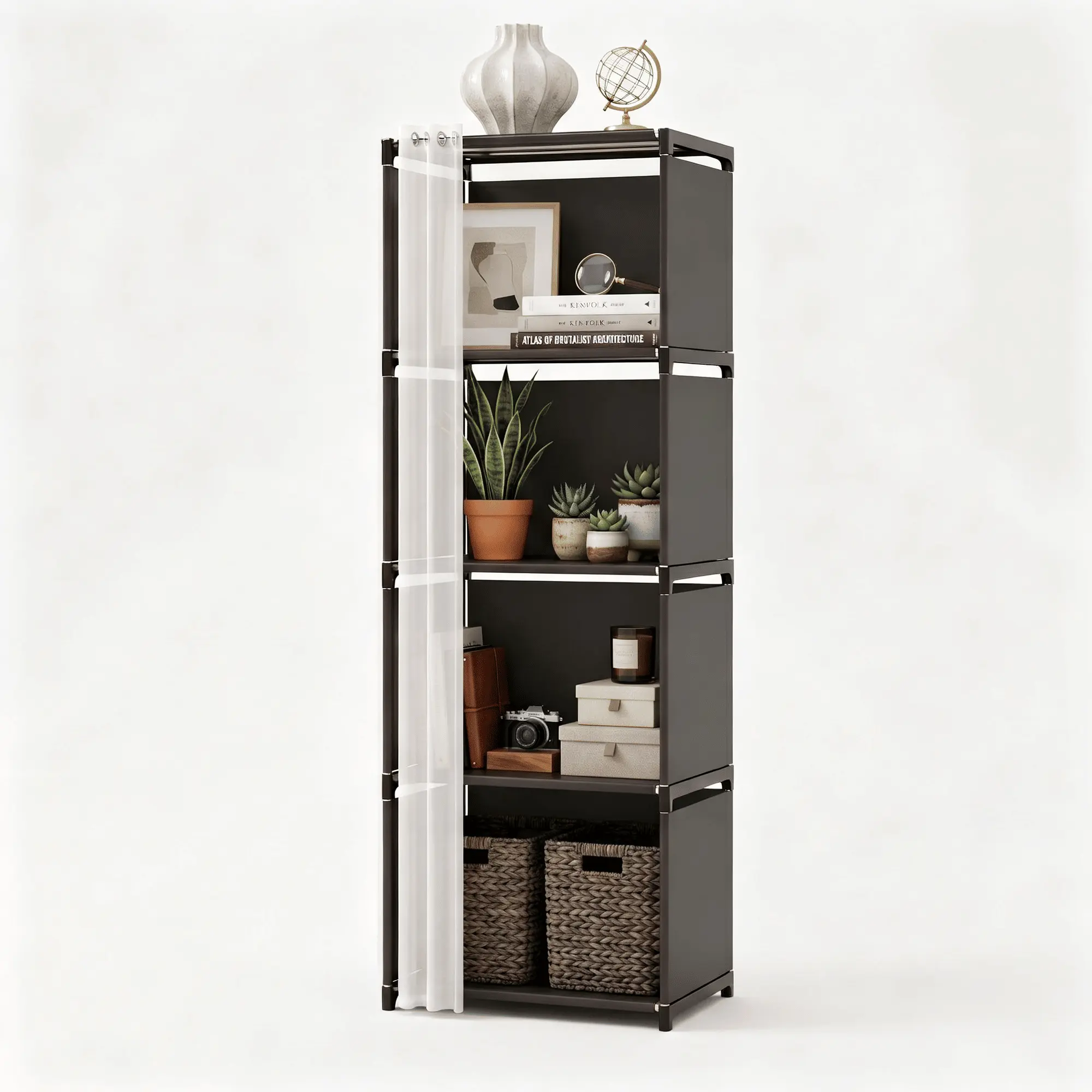 5-Tier Modern Freestanding Storage Cabinet Organizer - Silver Metal Pipe Shelf Rack, Black Fabric Panels, PEVA Curtain, Home Organizer Furniture with Room Decor for Bedroom, Closet