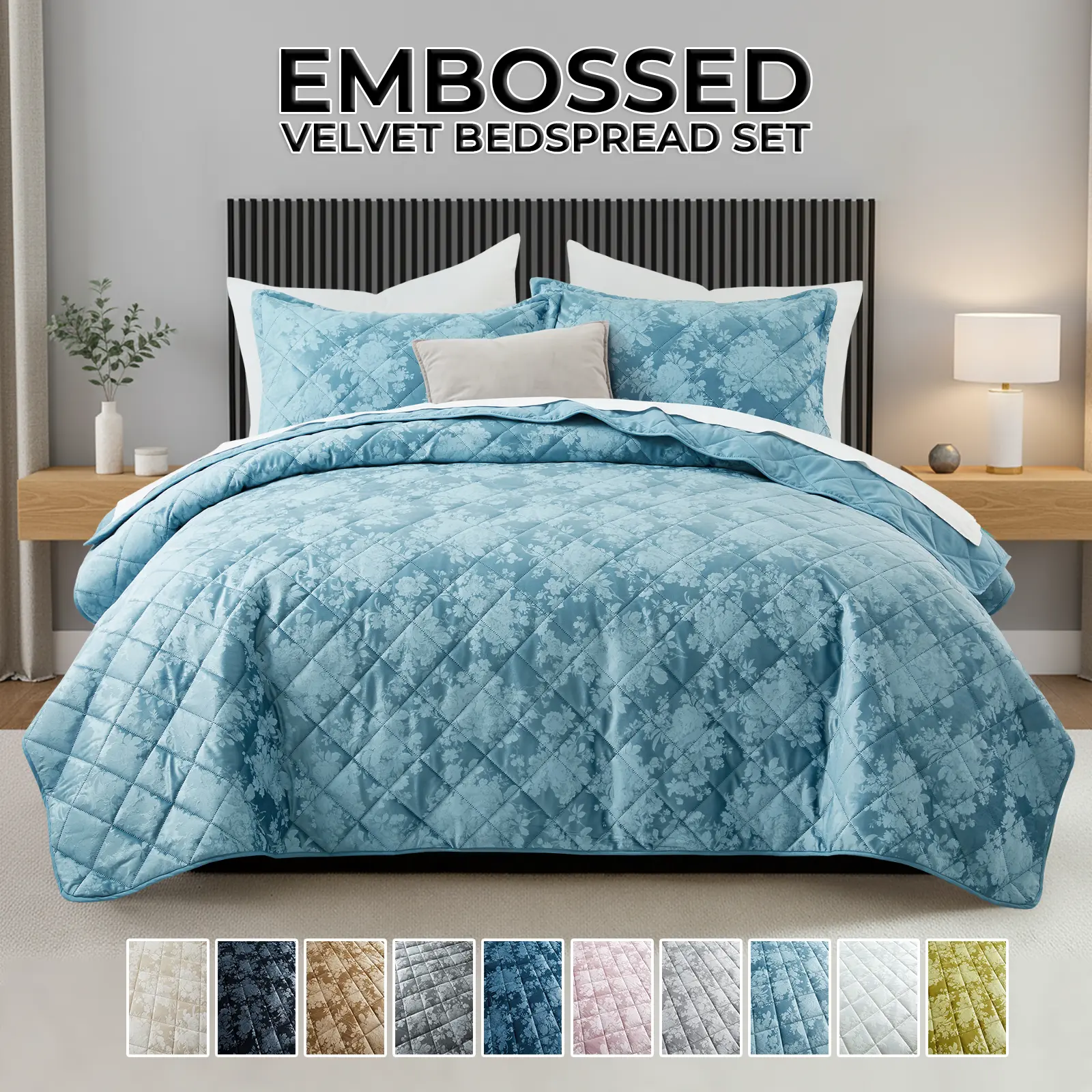 Soft RQ Velvet Quilted Bedspread Set | Lightweight All-Season Coverlet with Matching Shams | Solid Color Modern Bedroom Decor | Available in Twin (1 Sham), Queen & King (2 Shams) sizes