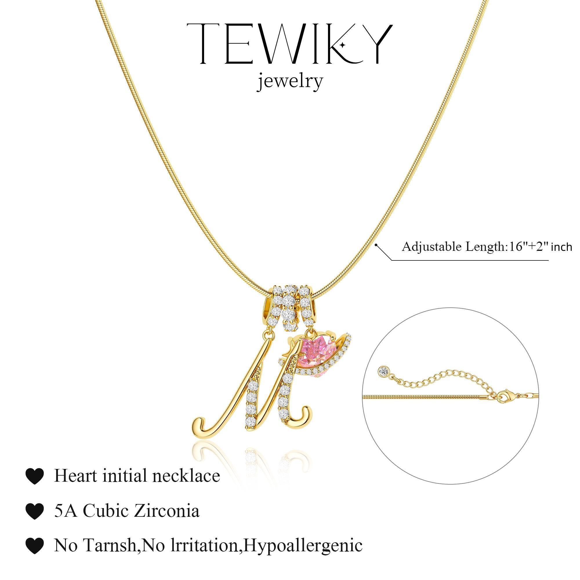 Tewiky Gold 3-Layering Initial A-Z Letter Pendant Necklaces for Women Snake Chain Choker Pink Heart Zircon Adjustable Length Necklace Jewelry For Valentine's Day