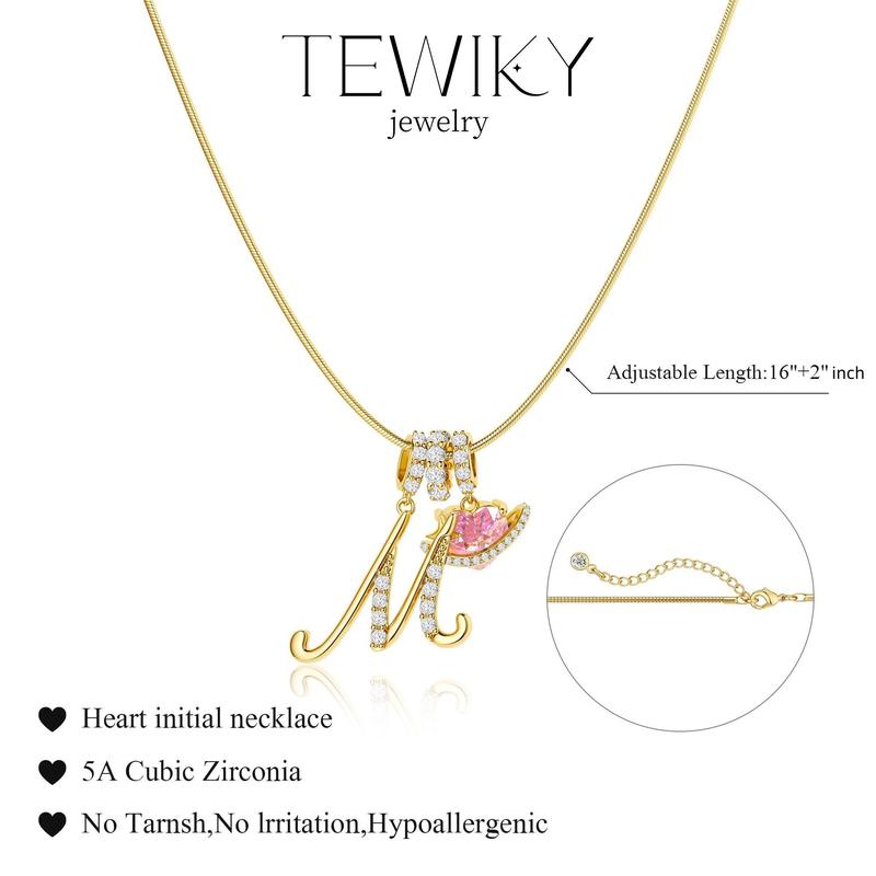 Tewiky Gold 3-Layering Initial A-Z Letter Pendant Necklaces for Women Snake Chain Choker Pink Heart Zircon Adjustable Length Necklace Jewelry For Valentine's Day