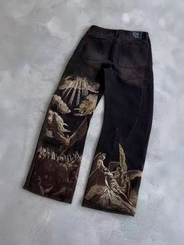 Cross-Border Harajuku Retro Bat Pattern Printed Loose Jeans Street Y2K Pants Casual Jeans