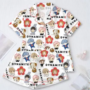 Kpop Tour Comeback Satin Pajamas Set, Idol Chibi Sleepwear, Button Up PJ Set, Cute Nightwear Gift for Kpop Fans
