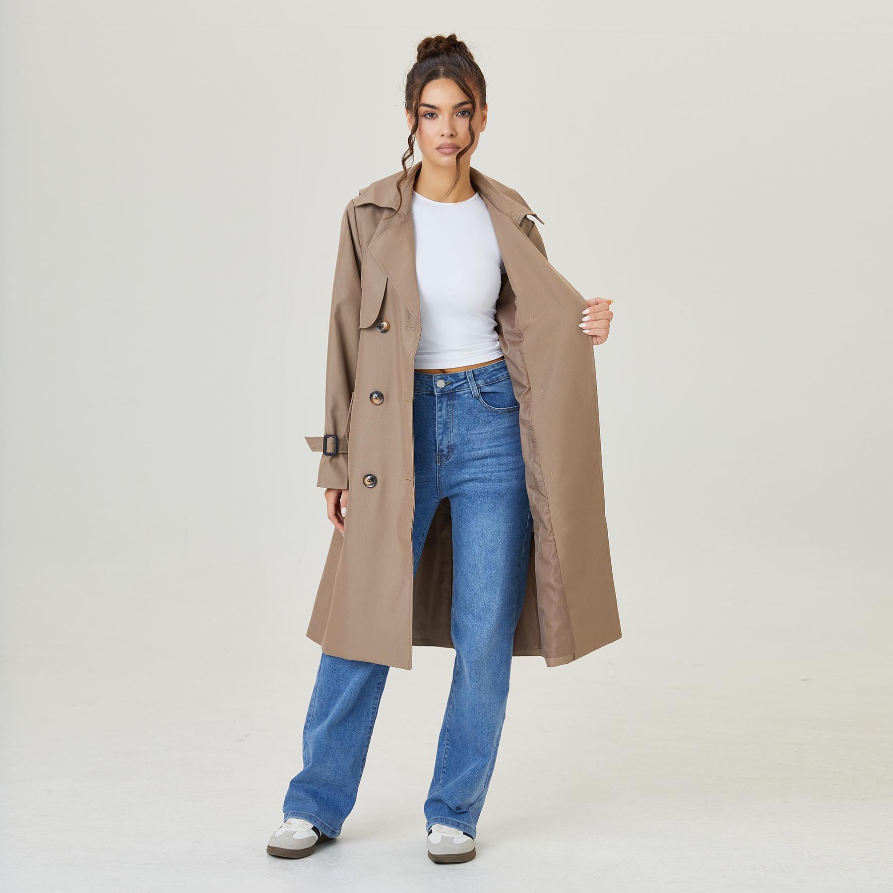 KatchMe Women's Versatile Solid Color Notch Lapel Double Breasted Detachable Belt Trench Coat, Fall & Winter Wrap Tie Waist Outerwear Jacket, Mid-Length Trench Coat(2)