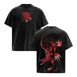 Monster Hunter Odogaron Cruel Claw Edition Blood Red Fanged Wyvern Action Graphic Tee, Hunter Head Emblem Acid Wash Shirt, Premium Gaming Monster Hunter Streetwear Top.