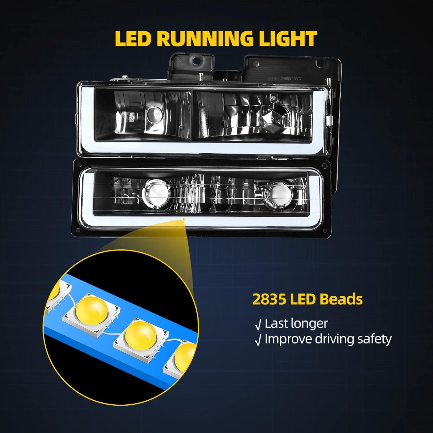 YITAMOTOR LED DRL Headlights Assembly Compatible with 1994-1999 Chevy Silverado Tahoe Suburban C10 C/K 1500 2500 3500 Replacement Headlamp with Corner Light Black Housing