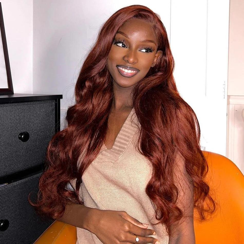 [Bling Hair ]  Reddish Brown 13x6 Lace Front Wigs 33# 4#Human Hair Pre Plucked 180% Density 13x4 Body Wave Auburn Colored Human Hair Lace Frontal Wig
