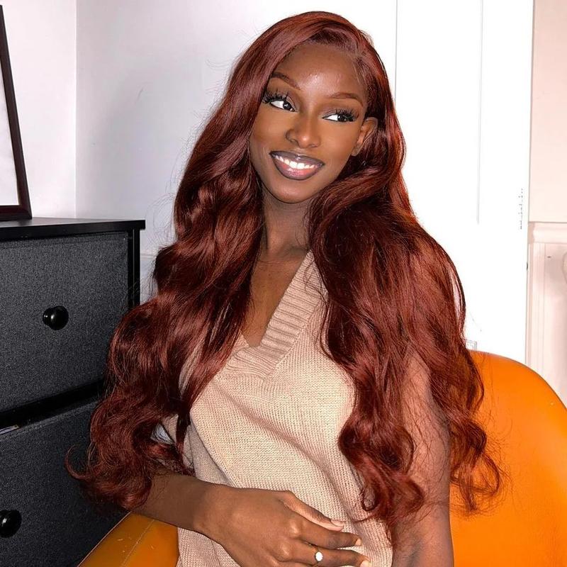[Bling Hair ]  Reddish Brown 13x6 Lace Front Wigs 33# 4#Human Hair Pre Plucked 180% Density 13x4 Body Wave Auburn Colored Human Hair Lace Frontal Wig