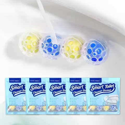 HERB ANGEL Lemon Fresh Multi-Functional Plastic Toilet Cleaner Cleaning Bundle - 4-in-1 Solid Rim Hanger, Natural Non-Toxic Home Care Supply, Includes 4-Ball Hanging Basket & 5 Refill Bags for Bowl Cleaning