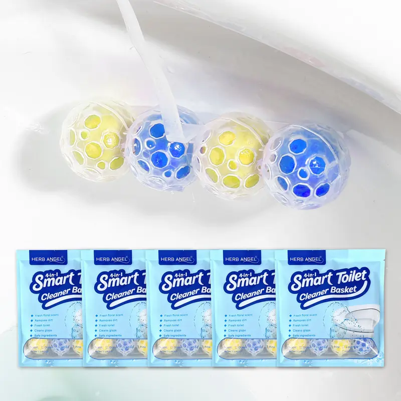 HERB ANGEL Lemon Fresh Multi-Functional Plastic Toilet Cleaner Cleaning Bundle - 4-in-1 Solid Rim Hanger, Natural Non-Toxic Home Care Supply, Includes 4-Ball Hanging Basket & 5 Refill Bags for Bowl Cleaning