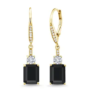 Gem Stone King Gemstone Birthstone and White Moissanite Dangle Earrings For Women | 18K Yellow Gold Plated Silver | Emerald Cut 9X7MM with 4MM Round Accent | Elegant Drop Design